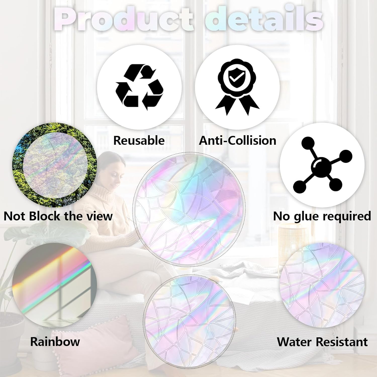 39Pcs Bird Window Strike Prevention Decals – Rainbow Static Cling Suncatchers, Anti-Collision Window Stickers for Home Office, Non-Adhesive Reusable No Residue